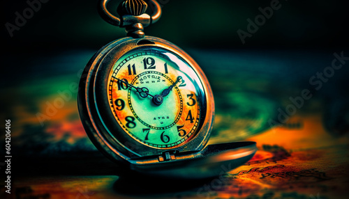 Antique clock minute hand nears midnight countdown generated by AI