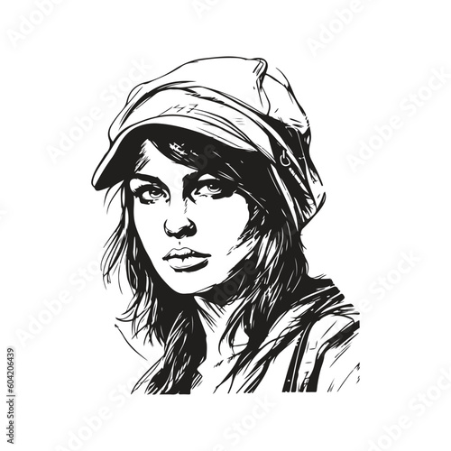 portrait young rebel girl, vintage logo line art concept black and white color, hand drawn illustration