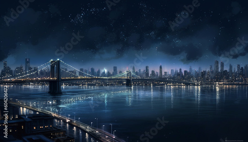 Bright city lights illuminate futuristic suspension bridge generated by AI