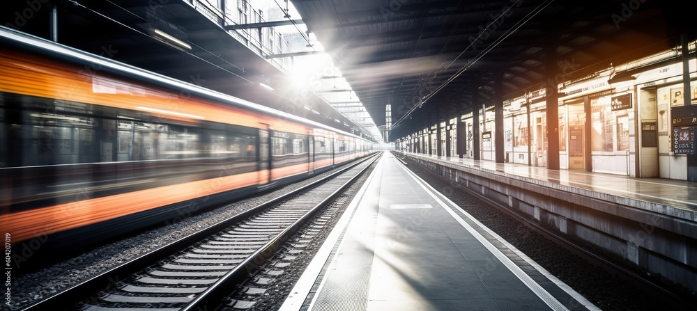 Obraz premium Modern train station with motion blur effect background. Generative AI technology.