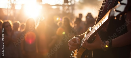 Guitar player on concert crowd people silhouettes background. Generative AI technology. 