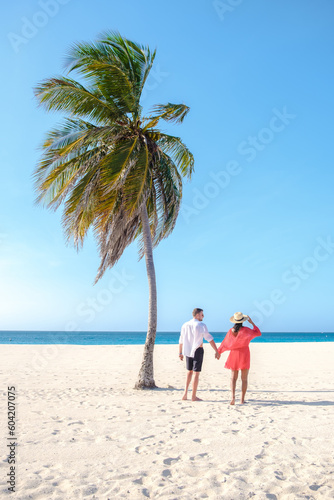Eagle Beach Aruba, Palm Trees on the shoreline of Eagle Beach in Aruba, a couple of man, and woman on the beach of Aruba