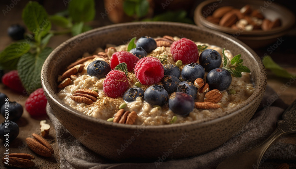 Fresh organic berry bowl with granola, yogurt, and honey indulgence generated by AI Fresh organic berry bowl with granola, yogurt, and honey indulgence generated by AI