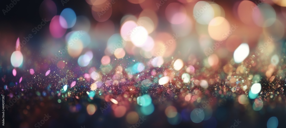 Shiny colorful glitter light sparkle bokeh night background. Generative AI technology.