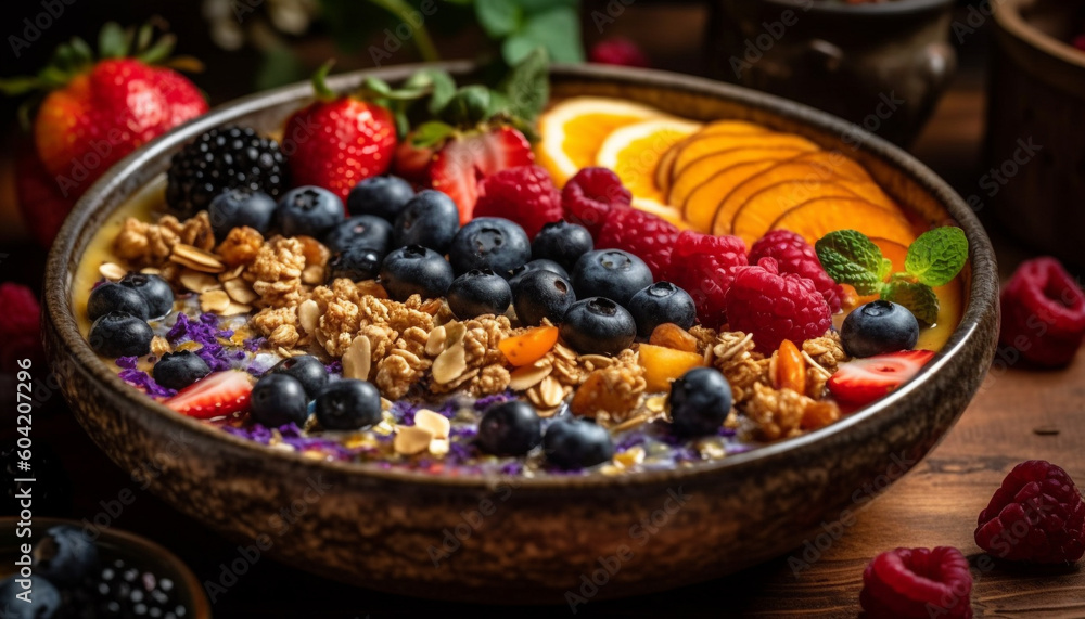 Fresh berry bowl with granola and Greek yogurt for breakfast generated by AI Fresh berry bowl with granola and Greek yogurt for breakfast generated by AI