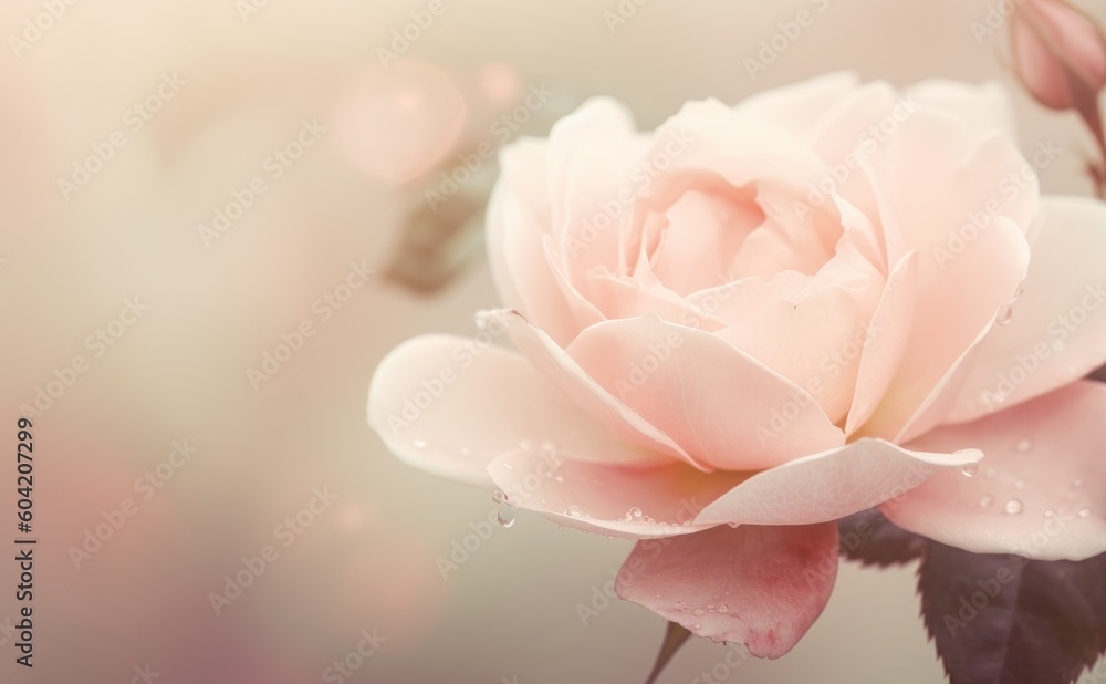 Obraz premium Pink rose with water droplets on a bokeh background. AI Generated.