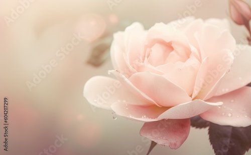 Pink rose with water droplets on a bokeh background. AI Generated.