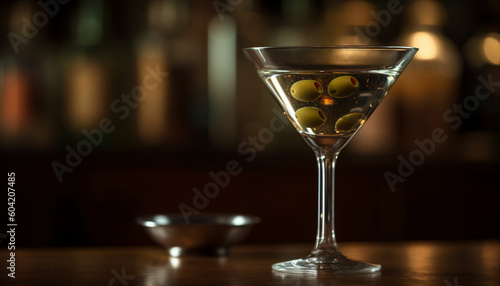 Crystal martini glass with green olive, a symbol of elegance generated by AI