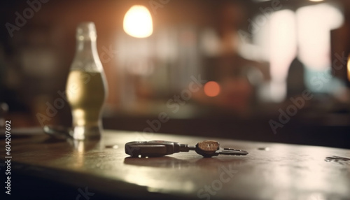 A bottle of wine on a wooden bar, defocused background generated by AI