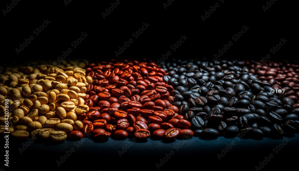 Freshly roasted coffee beans create aromatic cappuccino in black background generated by AI Freshly roasted coffee beans create aromatic cappuccino in black background generated by AI