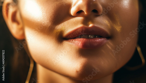 Fresh faced beauty One young woman elegance and sensuality captured close up generated by AI