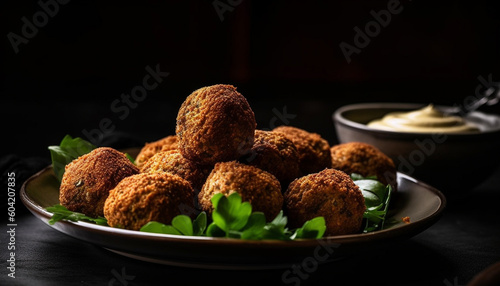 Healthy homemade falafel balls with organic salad on rustic plate generated by AI