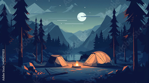 A illustration of cartoon camping. Summer nature scene