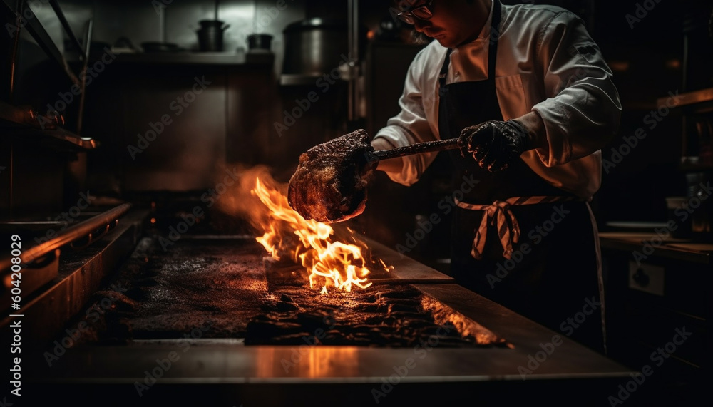 One skilled man prepares a glowing, grilled meal indoors generated by AI One skilled man prepares a glowing, grilled meal indoors generated by AI