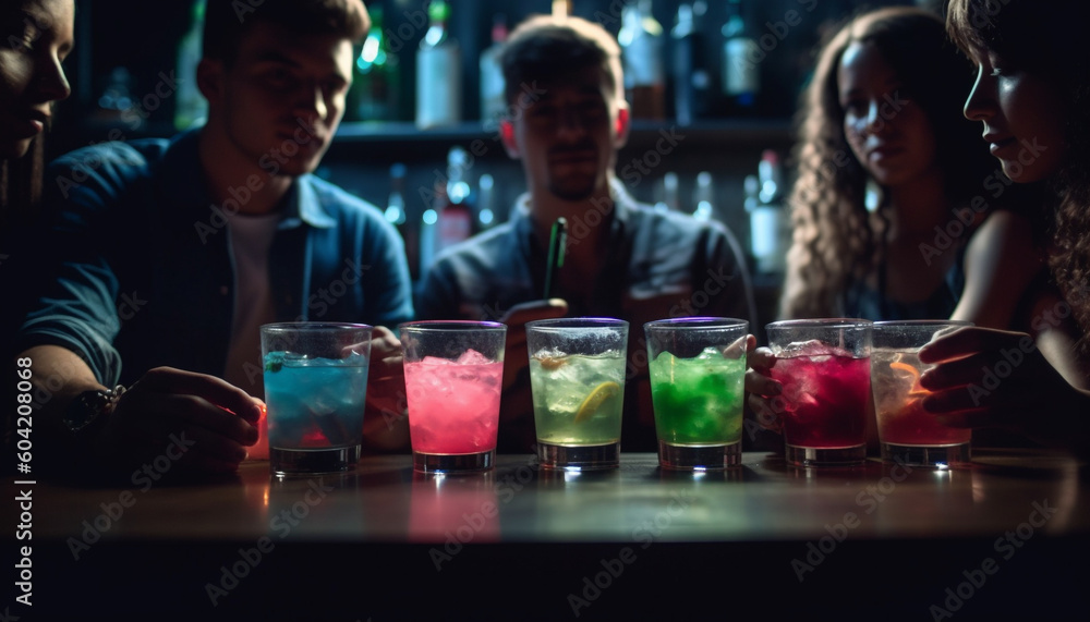 Group of young adults enjoying cocktails at the nightclub bar generated by AI