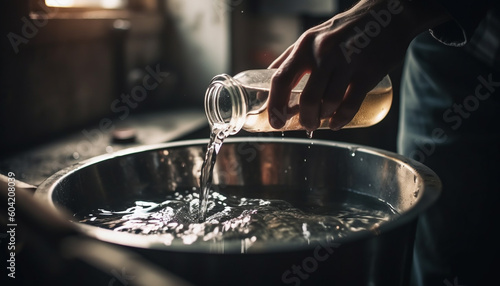 One man pouring fresh liquid, preparing gourmet meal in kitchen generated by AI