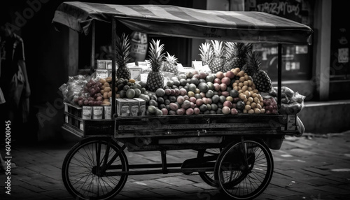 Fresh fruits and vegetables sold at outdoor street market stalls generated by AI © Stockgiu