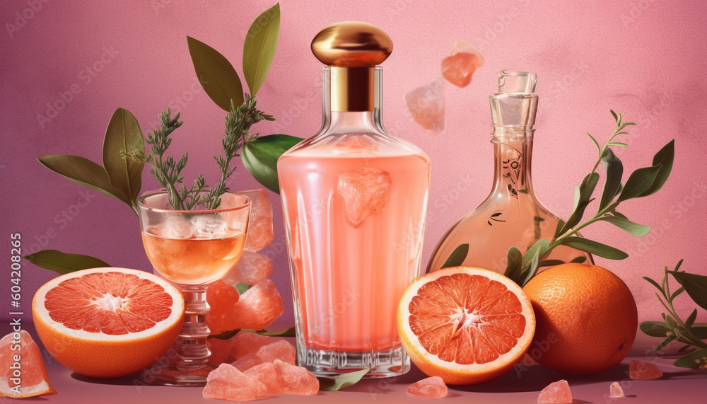 A refreshing citrus cocktail in a pink grapefruit drinking glass generated by AI A refreshing citrus cocktail in a pink grapefruit drinking glass generated by AI