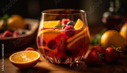 Refreshing summer cocktail with organic citrus fruit and juicy berries generated by AI