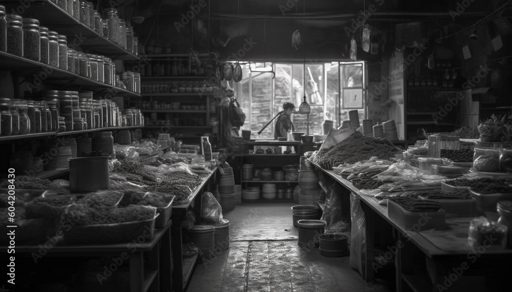 Fresh seafood and colorful fruits sold at bustling street market generated by AI