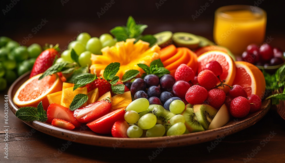 A colorful fruit salad on a wooden table screams freshness generated by AI A colorful fruit salad on a wooden table screams freshness generated by AI