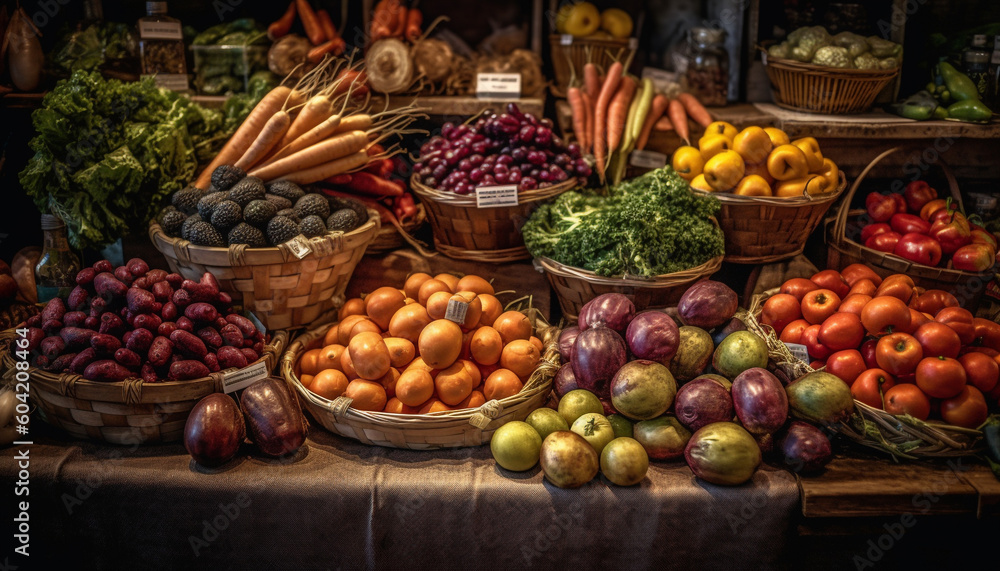 A large basket of fresh, organic fruits and vegetables for sale generated by AI