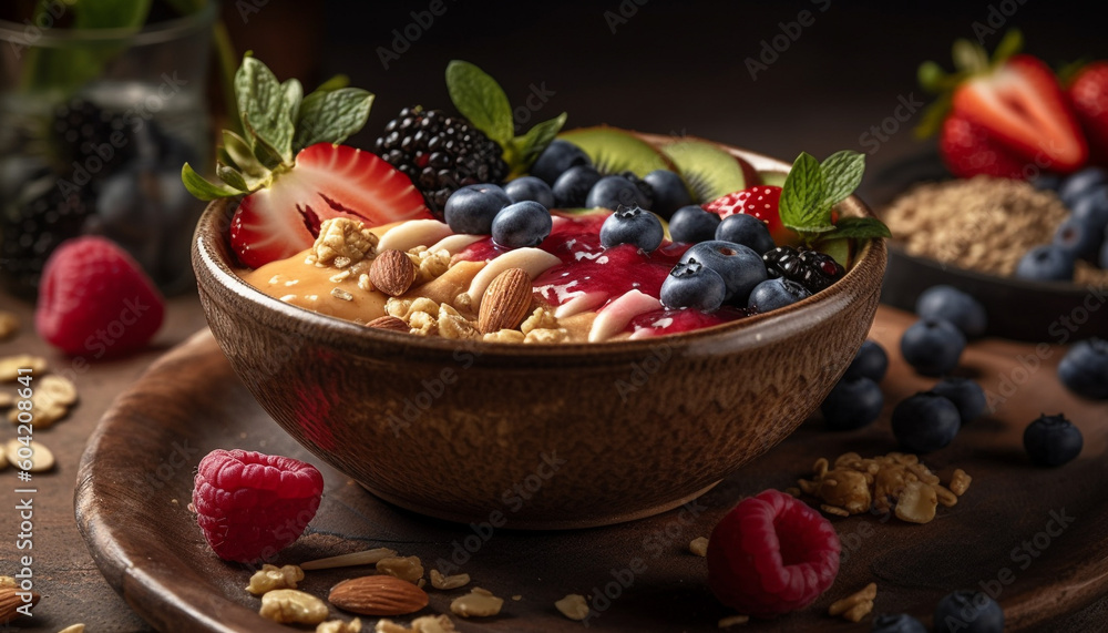 A gourmet berry parfait with fresh blueberries, raspberries, and granola generated by AI A gourmet berry parfait with fresh blueberries, raspberries, and granola generated by AI
