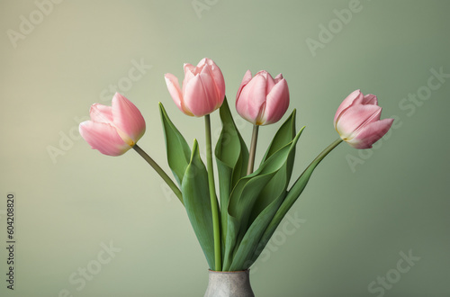 Pink Tulips Are On A Pink Background, In The Style Of Simpl