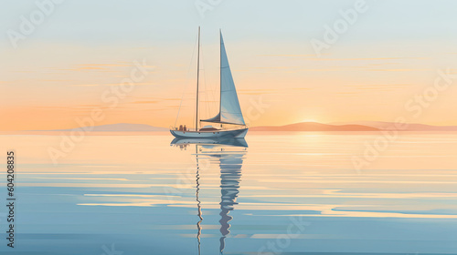 A reflective evening scene of a ship