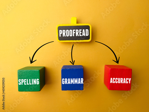 Wooden block and wooden board with the word PROOFREAD SPELLING GRAMMAR ACCURACY photo