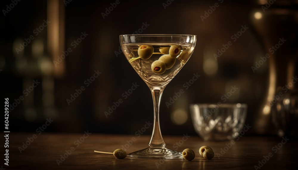 A luxurious martini glass with a green olive reflection generated by AI A luxurious martini glass with a green olive reflection generated by AI