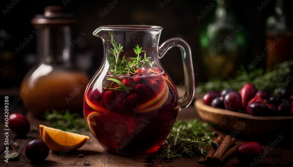 Rustic homemade cocktail with fresh berry and citrus fruit slices generated by AI Rustic homemade cocktail with fresh berry and citrus fruit slices generated by AI