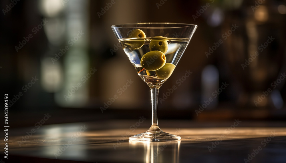 A refreshing martini with olives, gin, and vermouth garnished elegantly generated by AI A refreshing martini with olives, gin, and vermouth garnished elegantly generated by AI