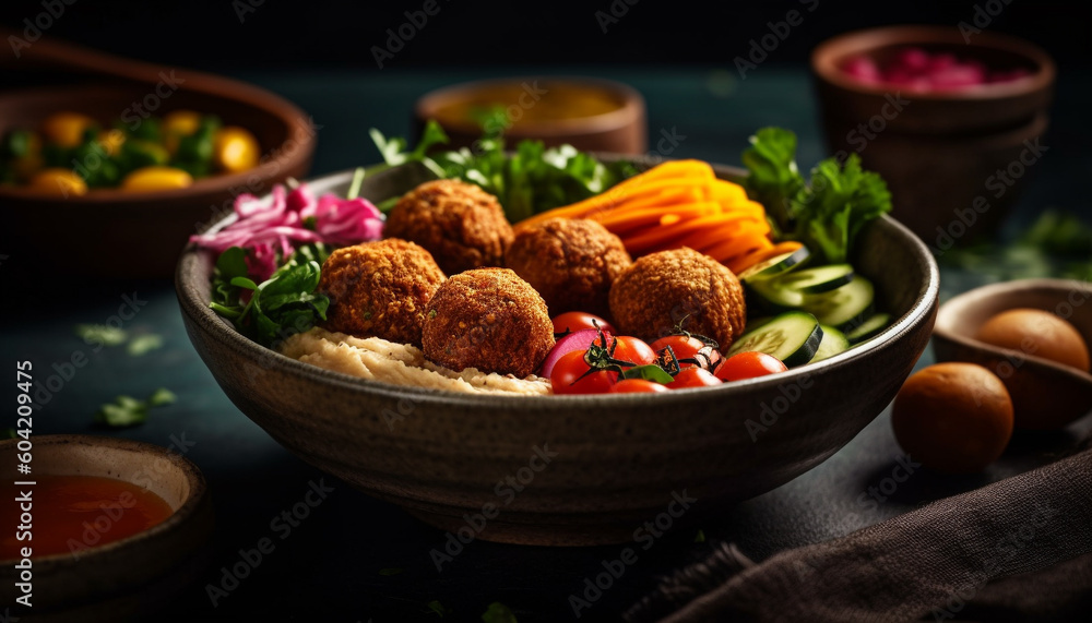 Fresh organic salad with meatball appetizer, homemade and gourmet generated by AI Fresh organic salad with meatball appetizer, homemade and gourmet generated by AI