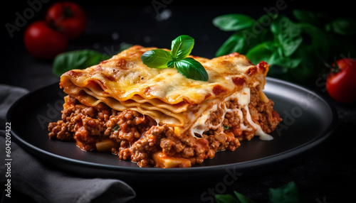 Healthy, homemade lasagna with fresh mozzarella and savory bolognese sauce generated by AI