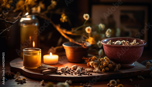 A homemade candlelight composition of organic winter aromatherapy indulgence generated by AI