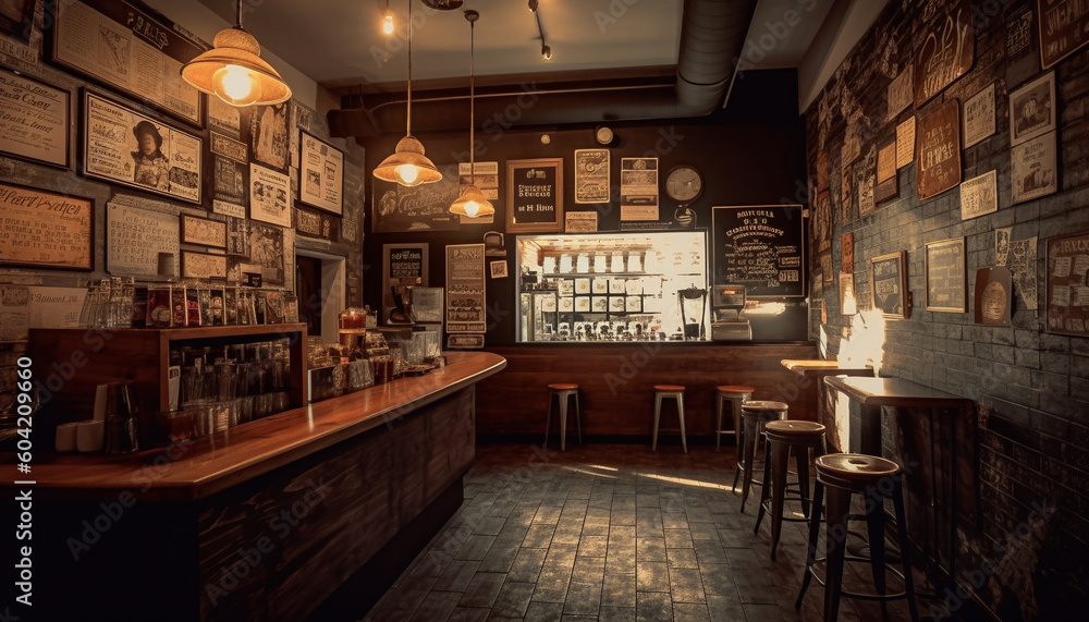 Modern bar design illuminates rustic wood table in elegant nightclub generated by AI