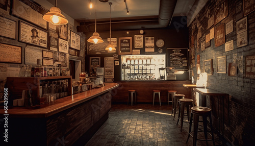Modern bar design illuminates rustic wood table in elegant nightclub generated by AI