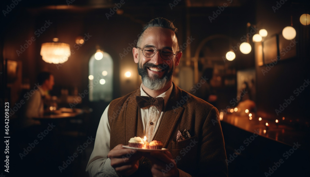 A joyful businessman holding a candle, celebrating with elegance indoors generated by AI