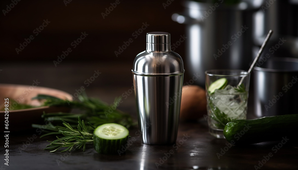Refreshing cucumber cocktail with organic lime and healthy vegetable garnish generated by AI Refreshing cucumber cocktail with organic lime and healthy vegetable garnish generated by AI