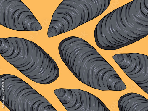 Mussels clam sea food pattern vector illustration isolated on horizontal orange colored wallpaper template. Simple flat art styled drawing.