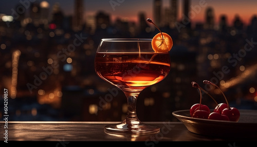 A refreshing cocktail on a table overlooking the city skyline generated by AI