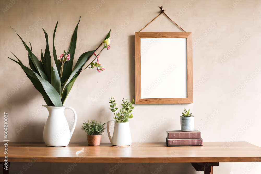 Empty wooden picture frame mockup hanging on tan wall. Vases and potted plants, Succulent plants on w table. Old books. Working space, home office. Art, poster display. Inviting interior. Cozy places. Empty wooden picture frame mockup hanging on tan wall. Vases and potted plants, Succulent plants on w table. Old books. Working space, home office. Art, poster display. Inviting interior. Cozy places.