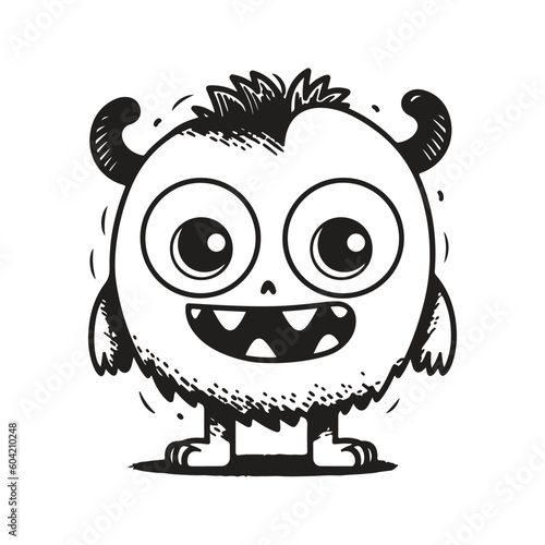 cute little cartoon monster, vintage logo line art concept black and white color, hand drawn illustration