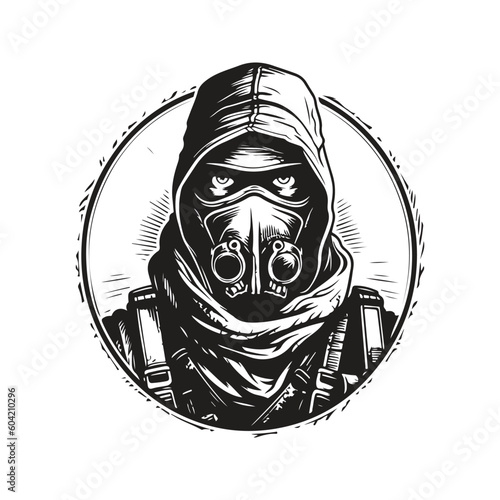 stalker survivor, vintage logo line art concept black and white color, hand drawn illustration