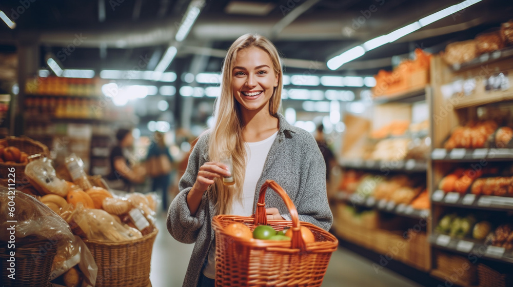 Obraz premium young adult woman shopping for groceries in supermarket, shopping in local supermarket, indoor, fun and joy, being satisfied. Generative AI