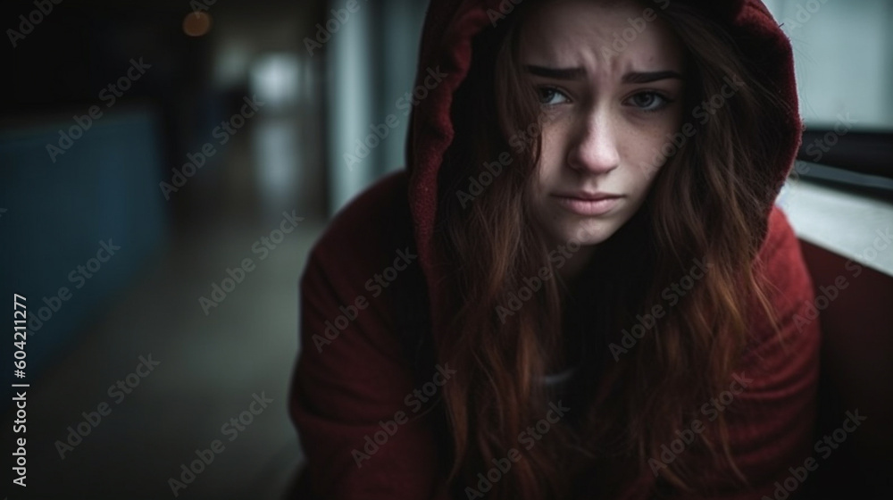 young adult or teenage girl, woman, face expression of sadness and depression, problems and worries, fictitious reason. Generative AI young adult or teenage girl, woman, face expression of sadness and depression, problems and worries, fictitious reason. Generative AI