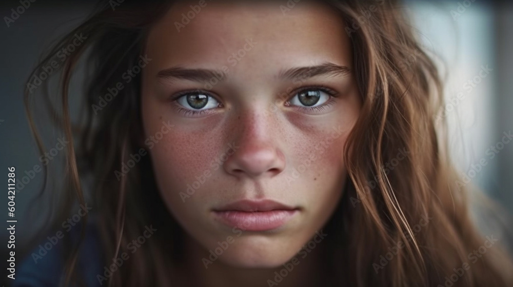 young adult or teenage girl, woman, face expression of sadness and depression, problems and worries, fictitious reason. Generative AI young adult or teenage girl, woman, face expression of sadness and depression, problems and worries, fictitious reason. Generative AI