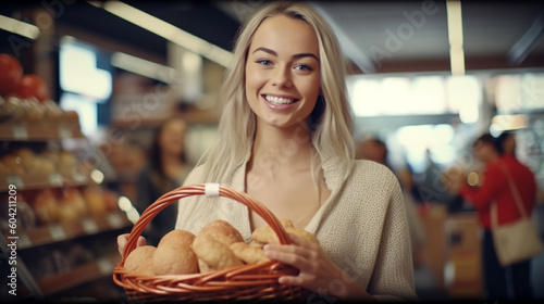 young adult woman shopping for groceries in supermarket  shopping in local supermarket  indoor  fun and joy  being satisfied. Generative AI