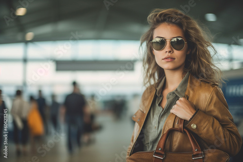 young adult woman with hand luggage at airport or train station or terminal, fictional location. Generative AI